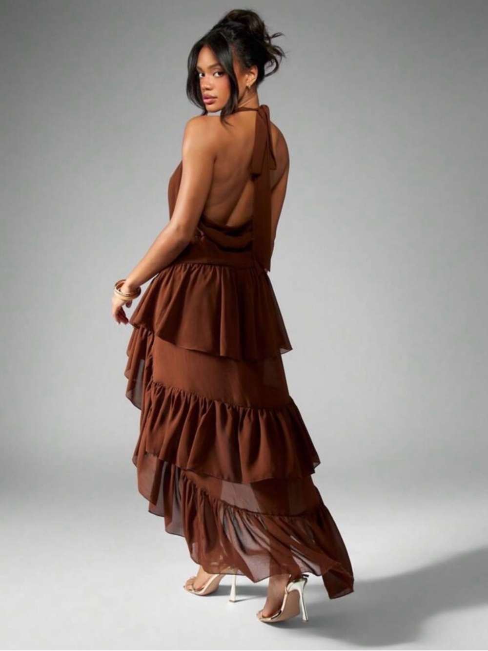 Brown High-Low Ruffle Halter Dress - Picture 4 of 6
